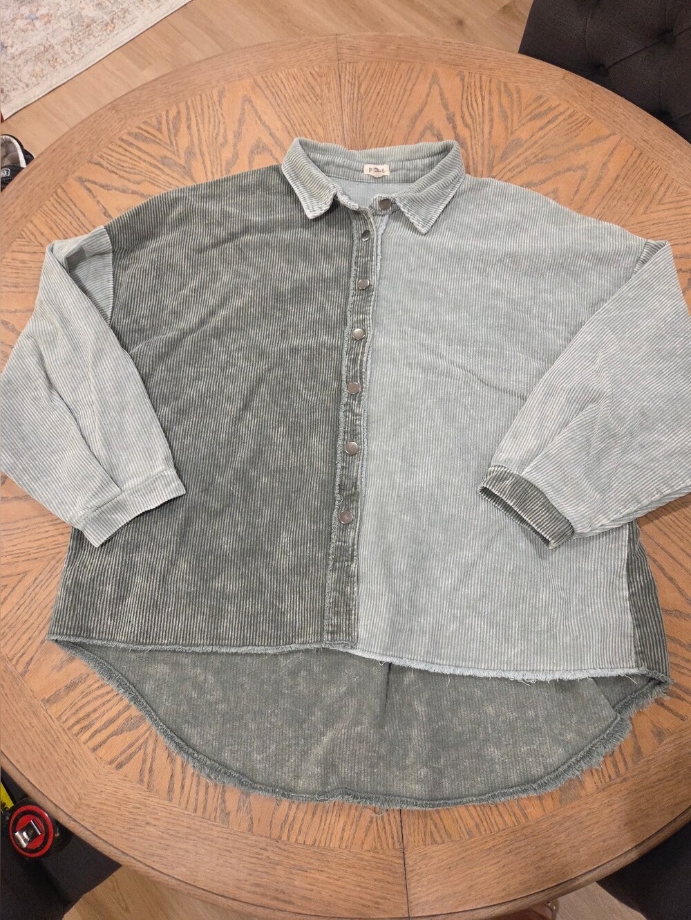 POL Oversized Colorblock Corduroy Shacket Raw Hem Sage Grey M
